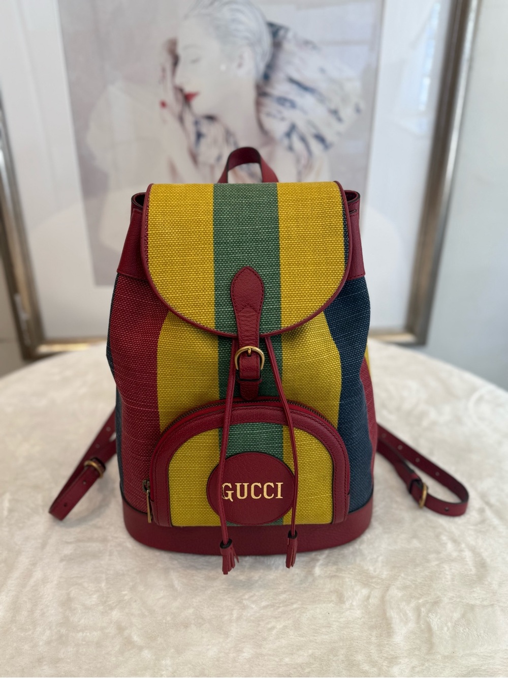 Gucci Multicolor Canvas Stripe Backpack with Red Leather Trim